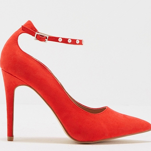 Nasty Gal Truffle Collection Red Pointed Toe Heels w/ Pearl Studded Ankle Straps - Picture 6 of 16